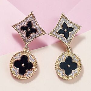 Gold tone black Enamel Drop Earrings with Crystal Halo